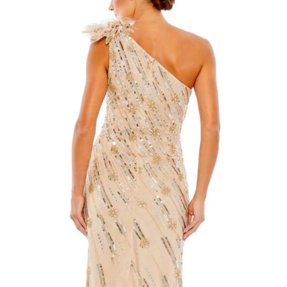 MAC DUGGAL ROSETTE SEQUIN CRYSTAL ONE SHOULDER NUDE GOLD GOWN sz 12 - Picture 2 of 8